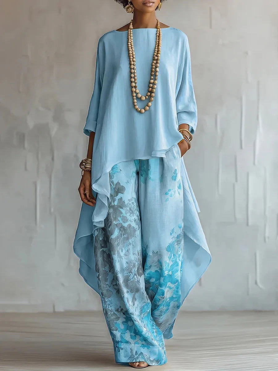 Women's Printed Set with Flowing Top and Matching Pants