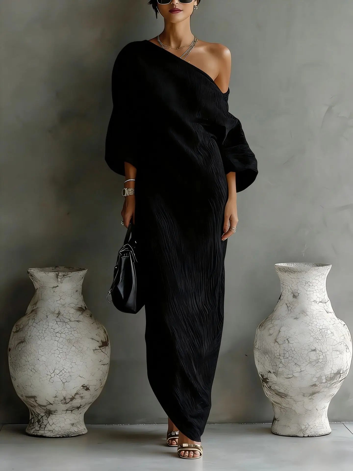 One-Shoulder Maxi Dress with Batwing Sleeves and Pockets