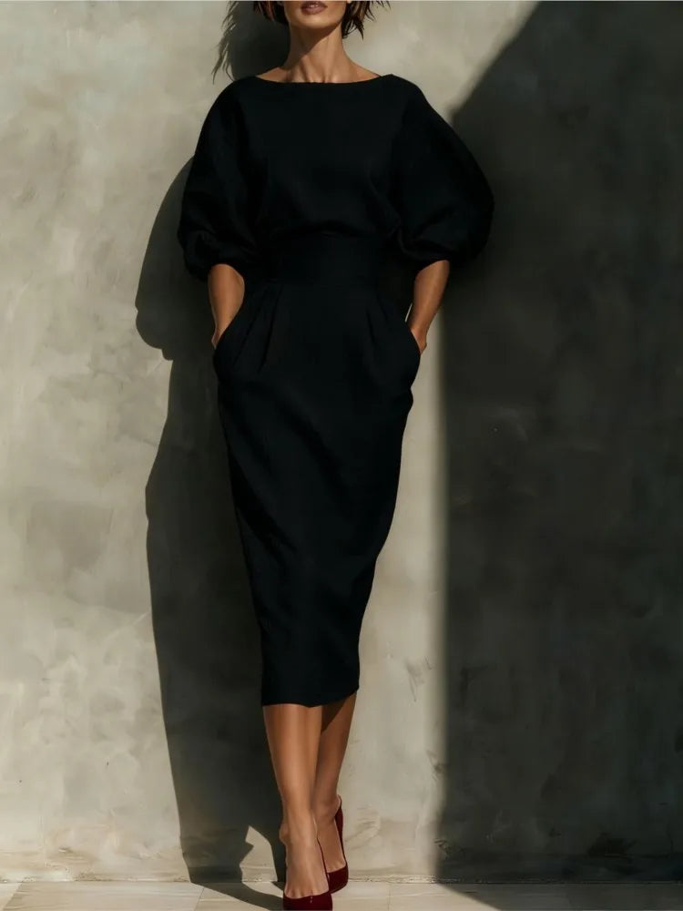 Elegant Women's Midi Dress with Puff Sleeves