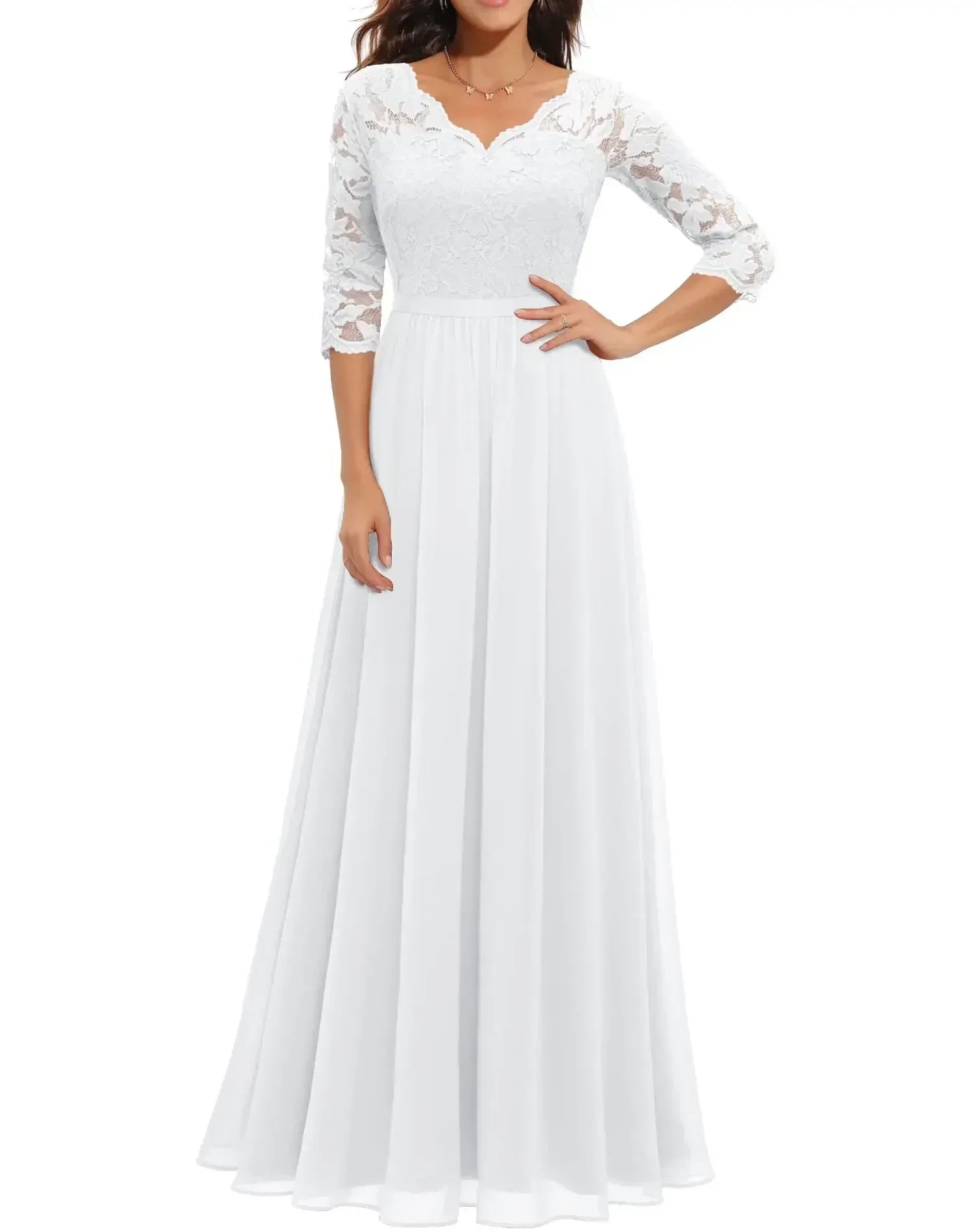 Robe Longue Femme avec Dentelle et Col en V