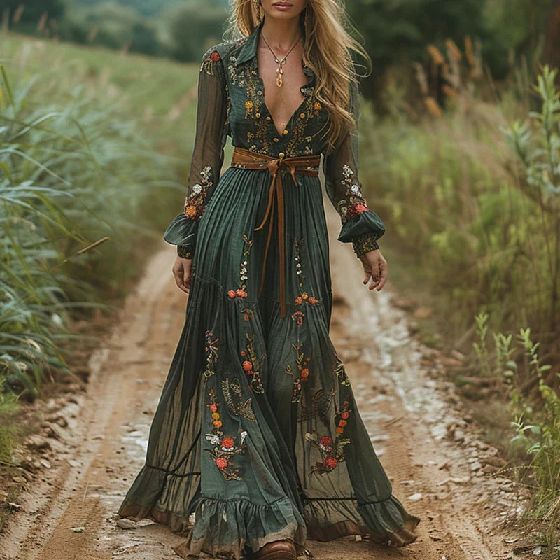 Women's Long Printed Dress, Flowing Cut, Bohemian Style
