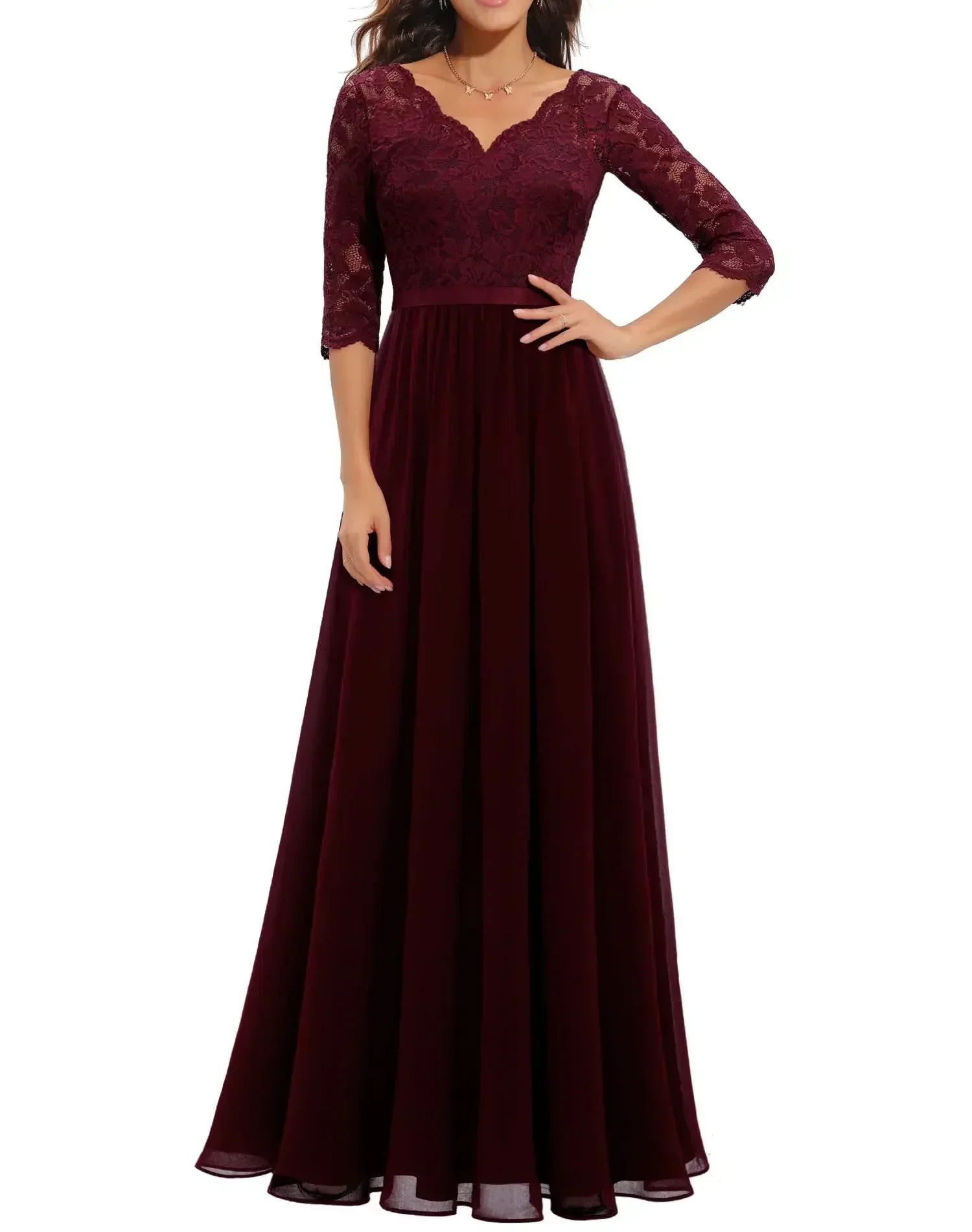 Robe Longue Femme avec Dentelle et Col en V