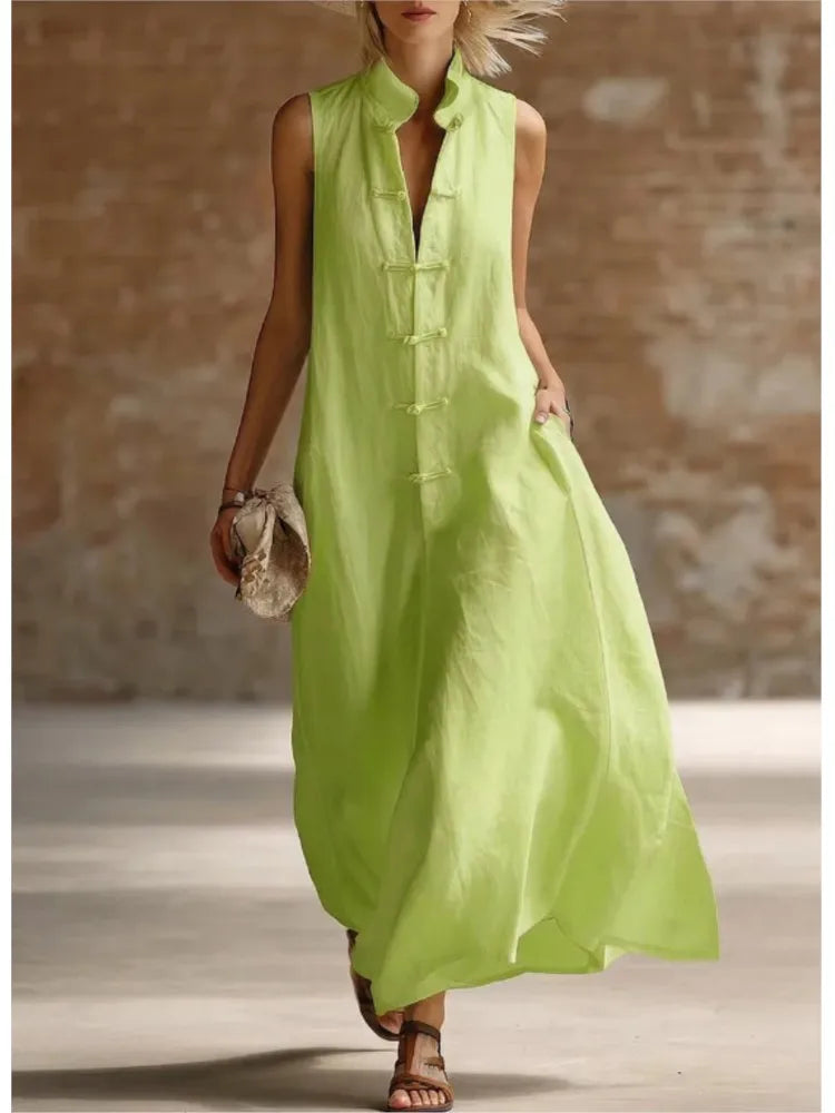 Women's Long Sleeveless Dress with Mandarin Collar