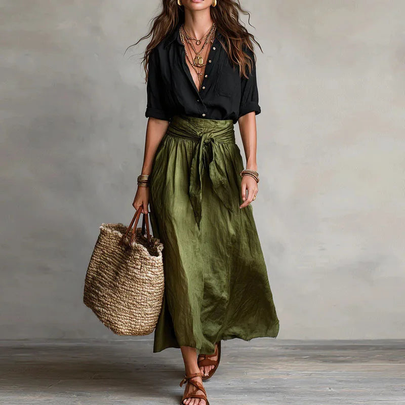 Two-Piece Set with Button-Up Blouse and Midi Skirt