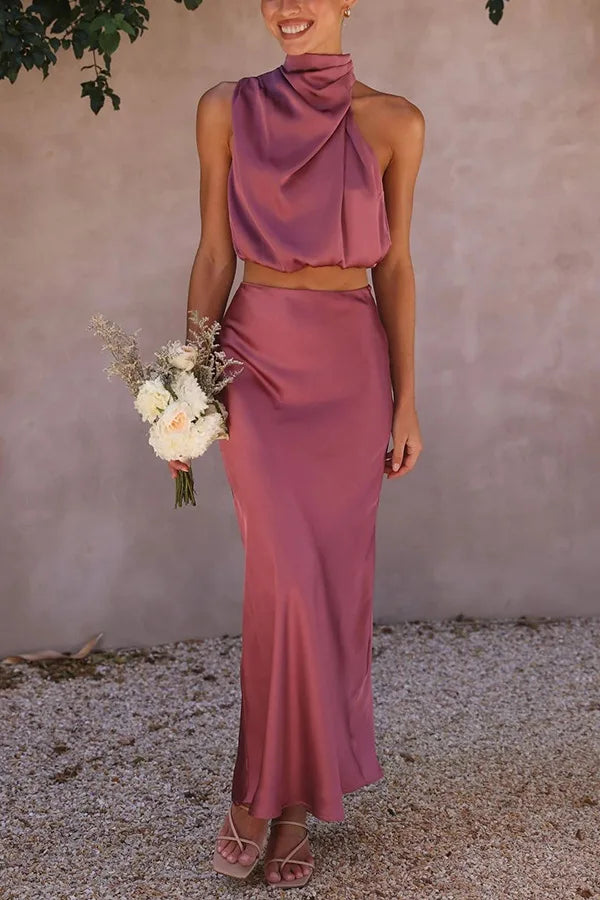 Ensemble 2 Pièces Satiné Élégant à Col Drapé pour Femme