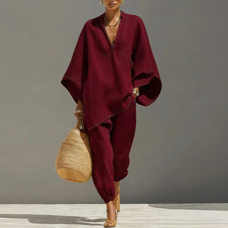 Bohemian Two-Piece Set with V-Neck Top and Loose Pants