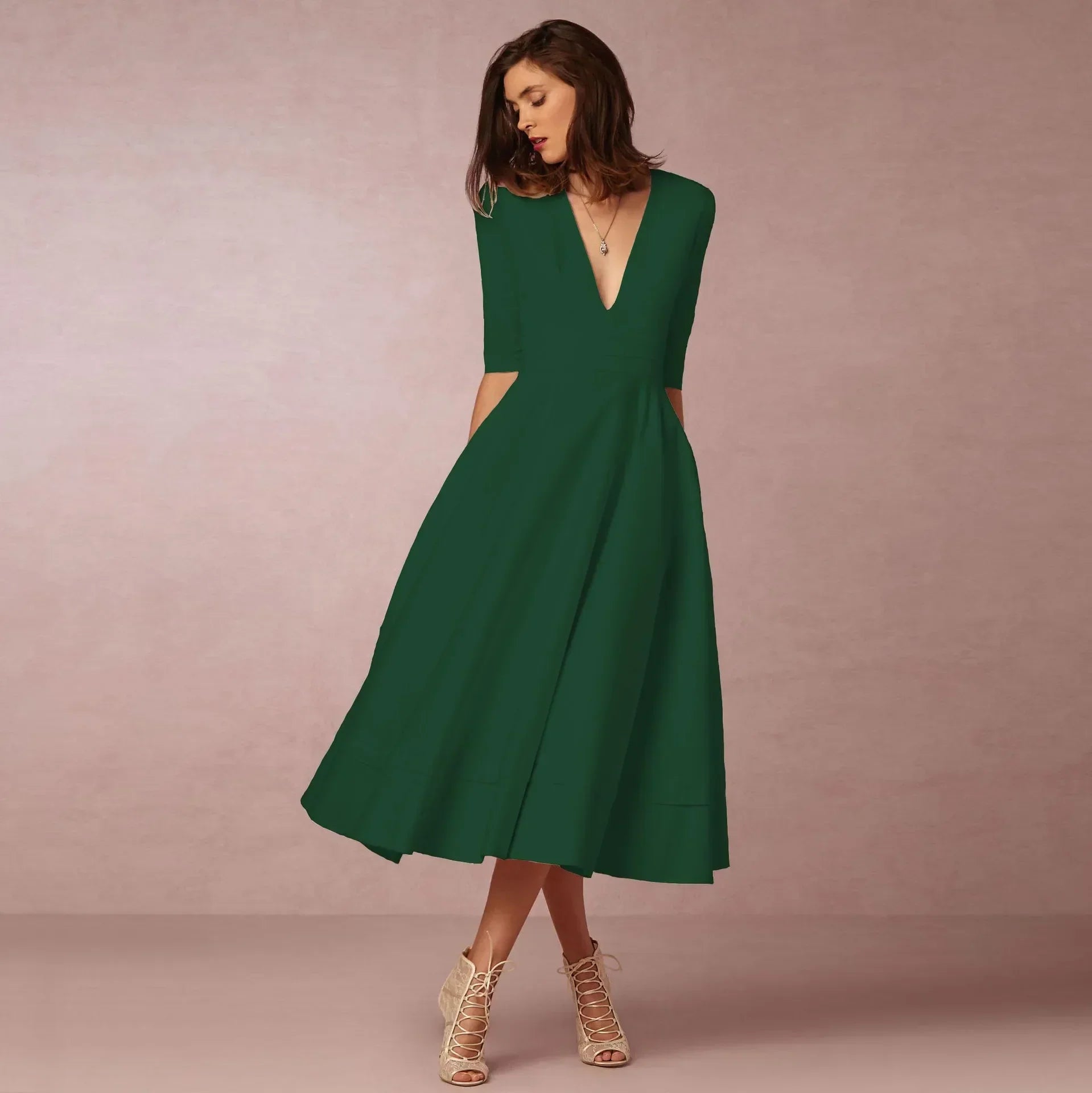 Robe Midi col en V manches coude femme