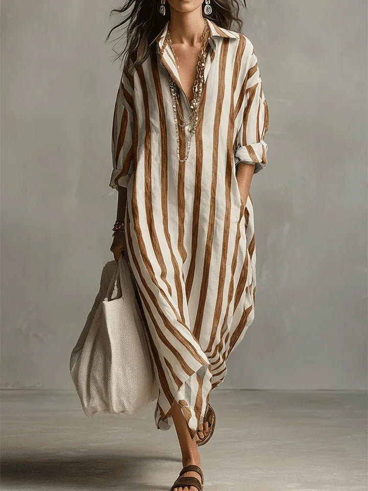 Robe Chemise Longue Femme à Rayures Verticales avec Coupe Ample