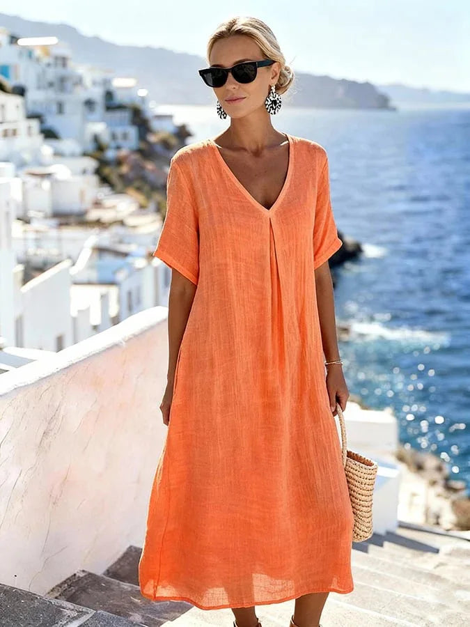 Robe Midi Femme Fluide à Col V avec Coupe Ample