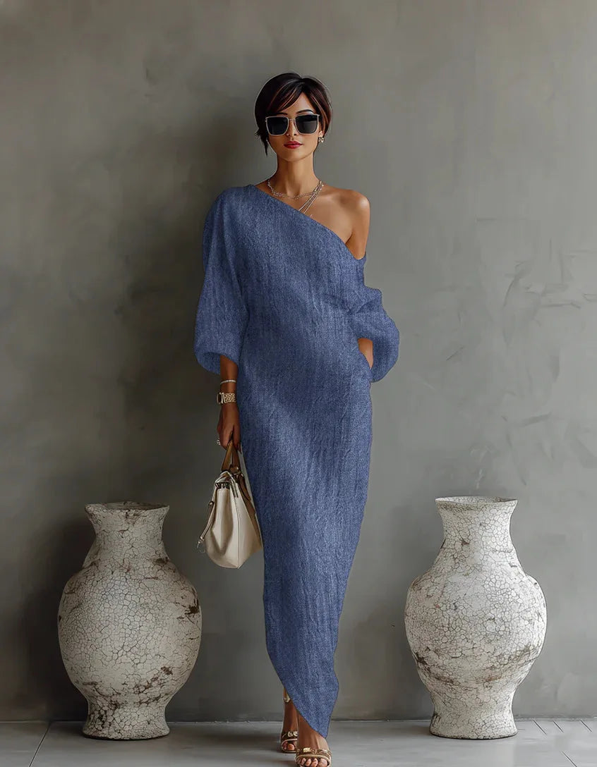 One-Shoulder Maxi Dress with Batwing Sleeves and Pockets