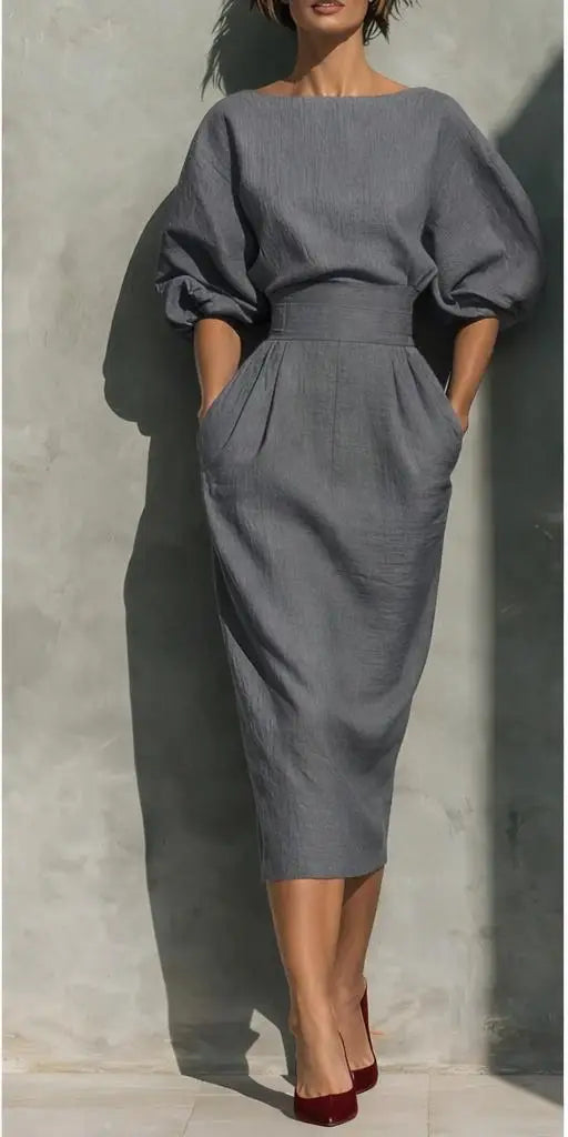 Elegant Women's Midi Dress with Puff Sleeves