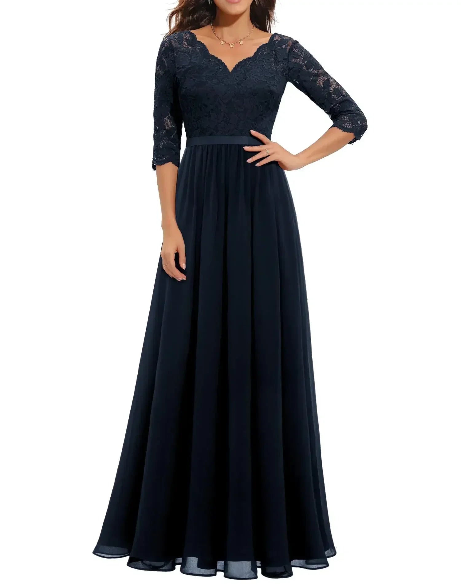 Robe Longue Femme avec Dentelle et Col en V