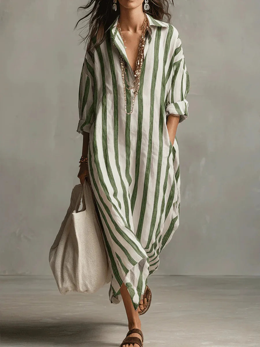 Striped Maxi Shirt Dress with Classic Collar and Side Pockets