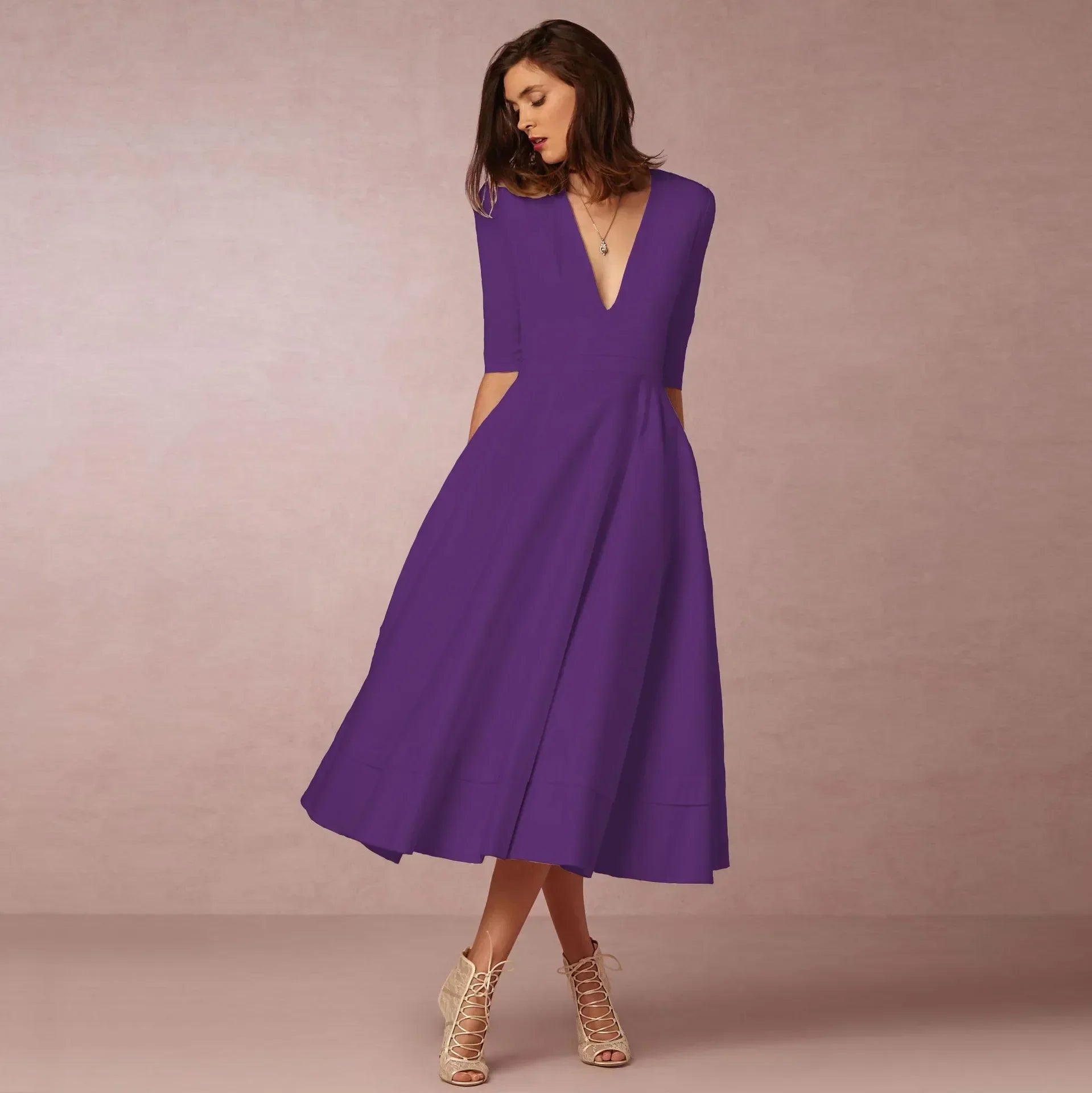 Robe Midi col en V manches coude femme