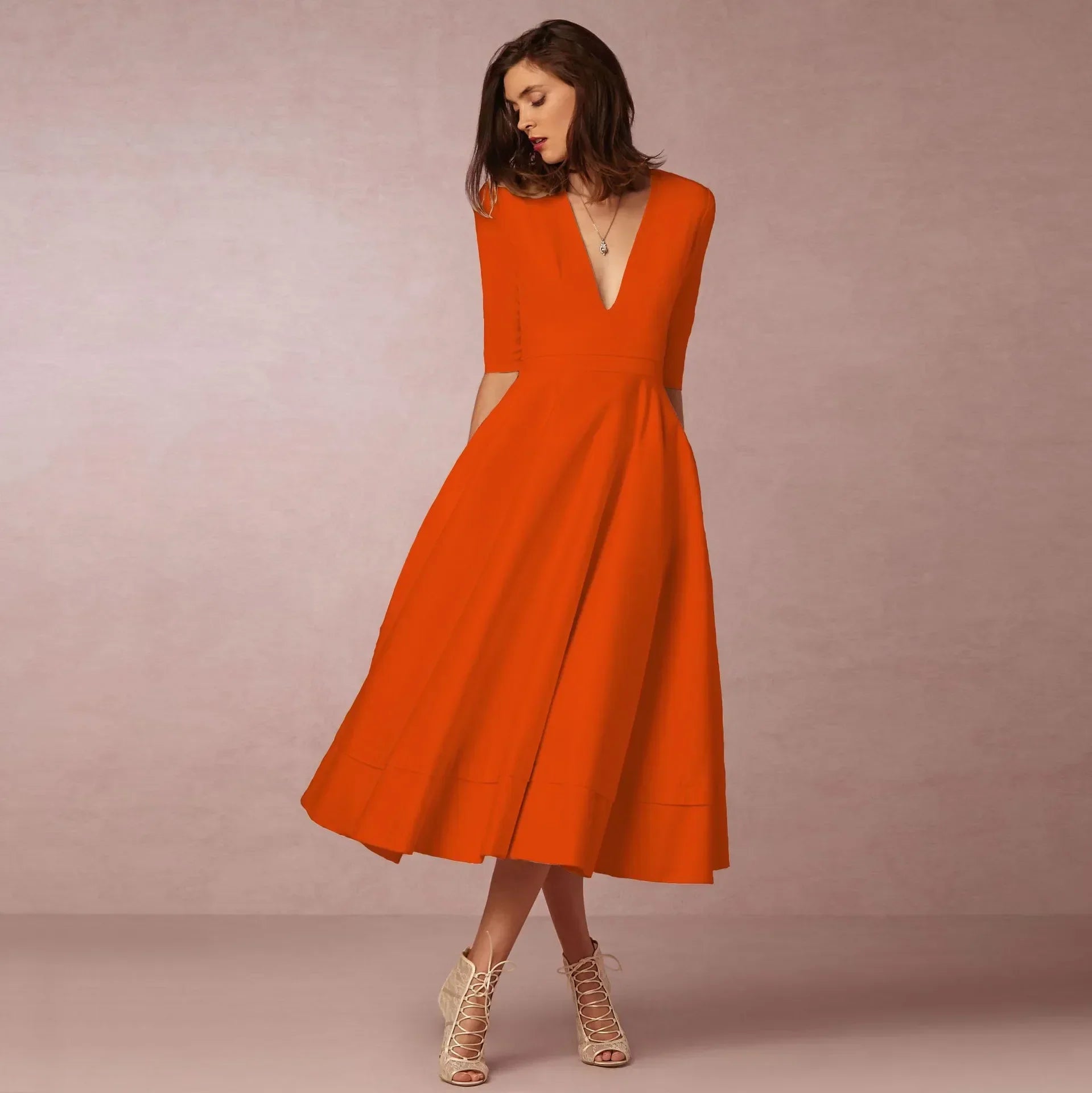 Robe Midi col en V manches coude femme