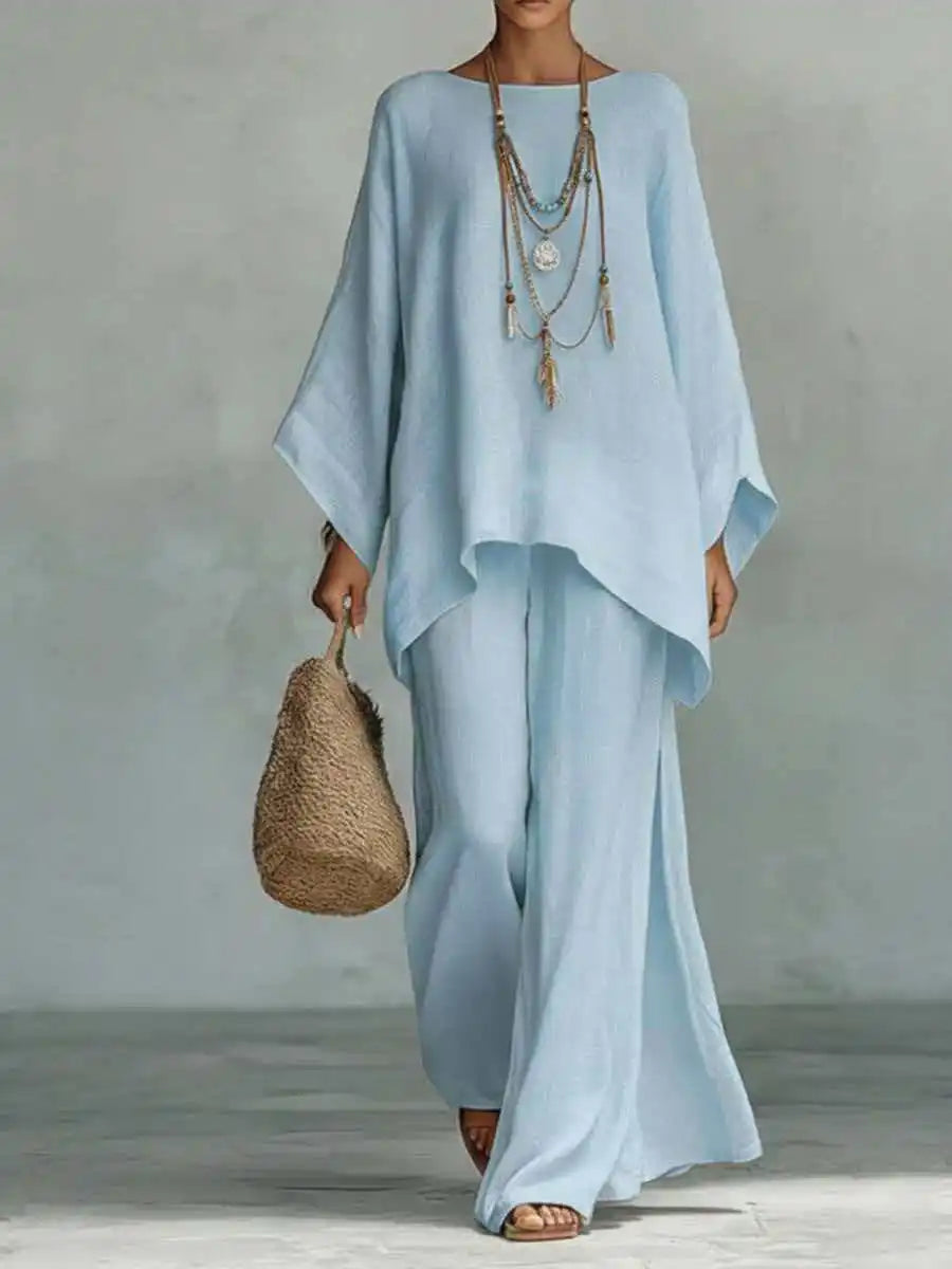 Two-Piece Set with Asymmetric Top and Wide-Leg Pants