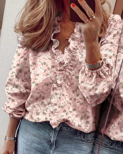 Blouse Élégante à Col Volants et Manches Longues pour Femme