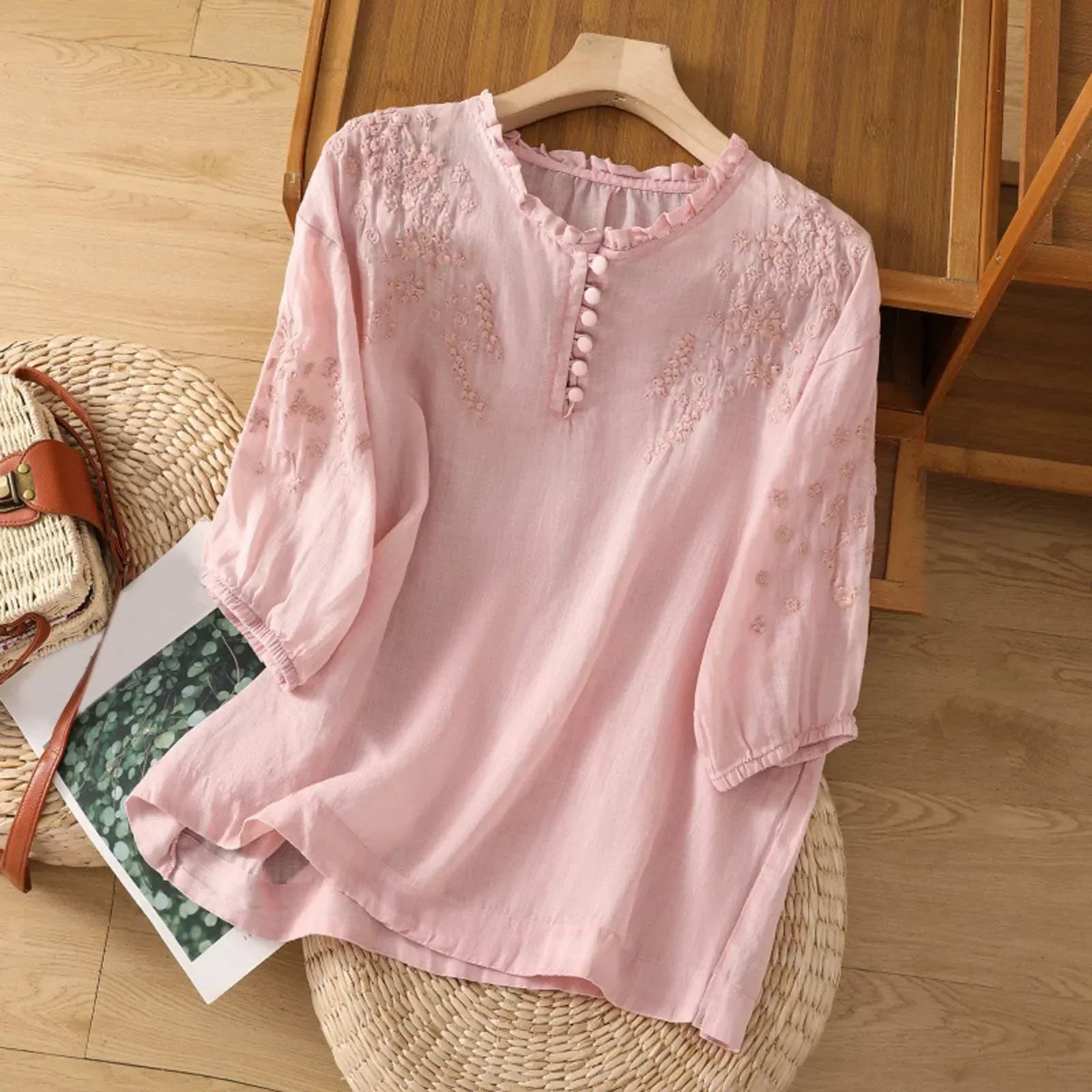 Blouse Femme Brodée Décontractée - Manches 3/4 Élégantes
