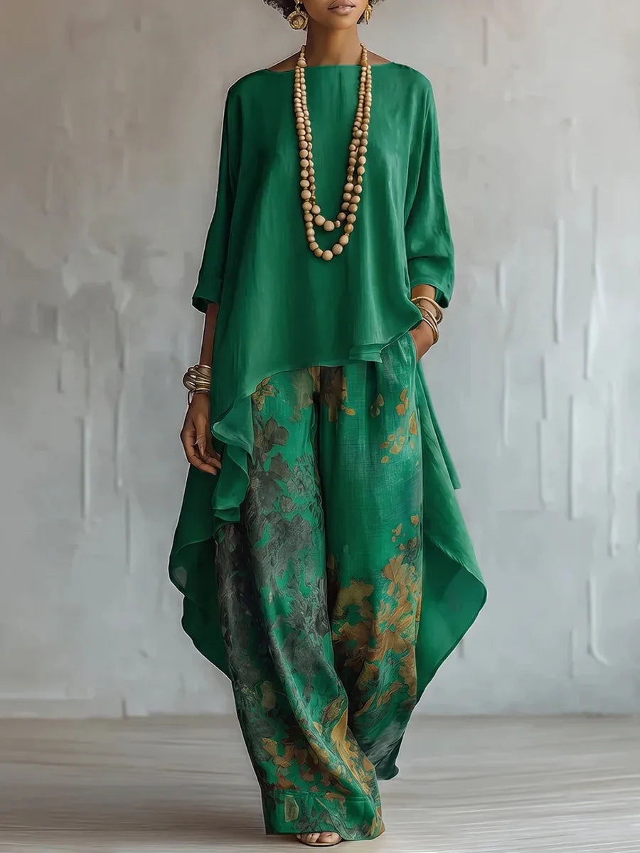 Women's Printed Set with Flowing Top and Matching Pants