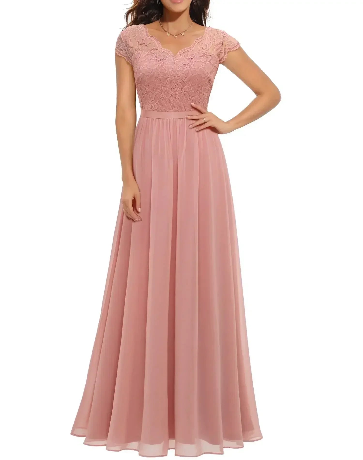 Robe Longue Femme avec Dentelle et Col en V