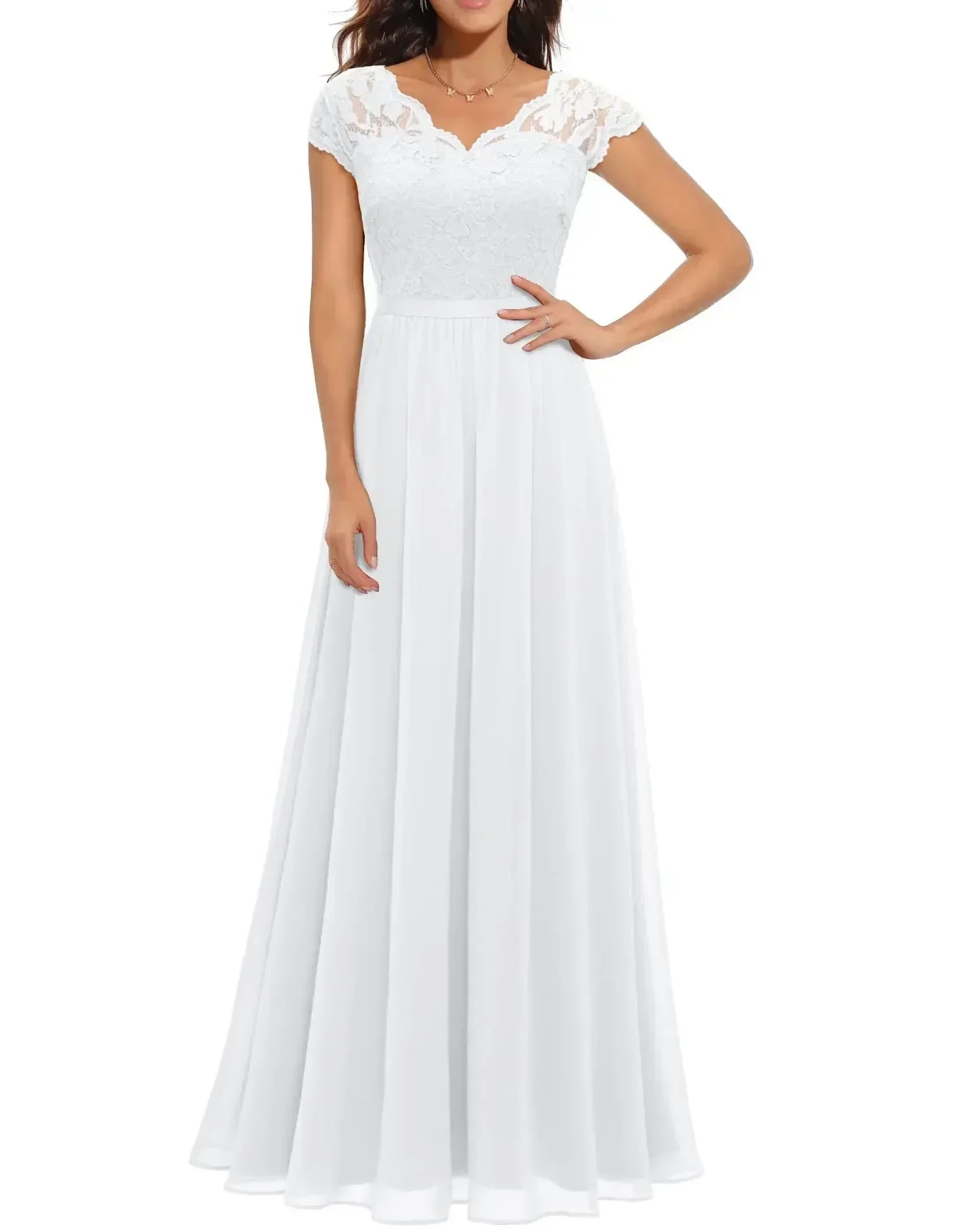 Robe Longue Femme avec Dentelle et Col en V