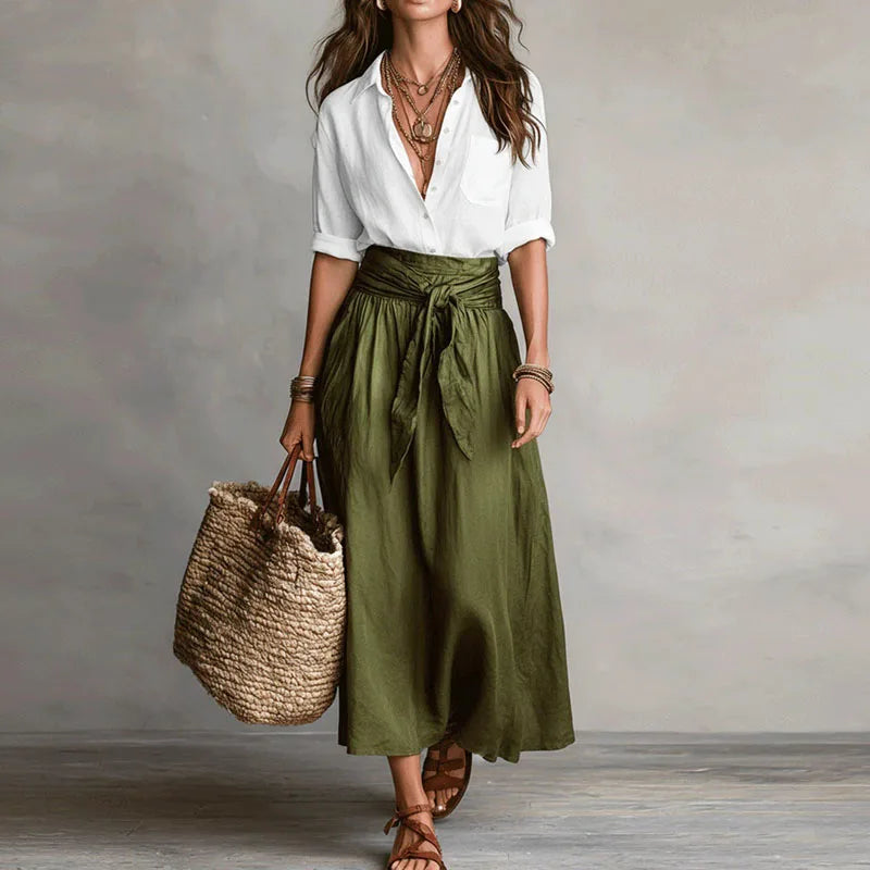Two-Piece Set with Button-Up Blouse and Midi Skirt