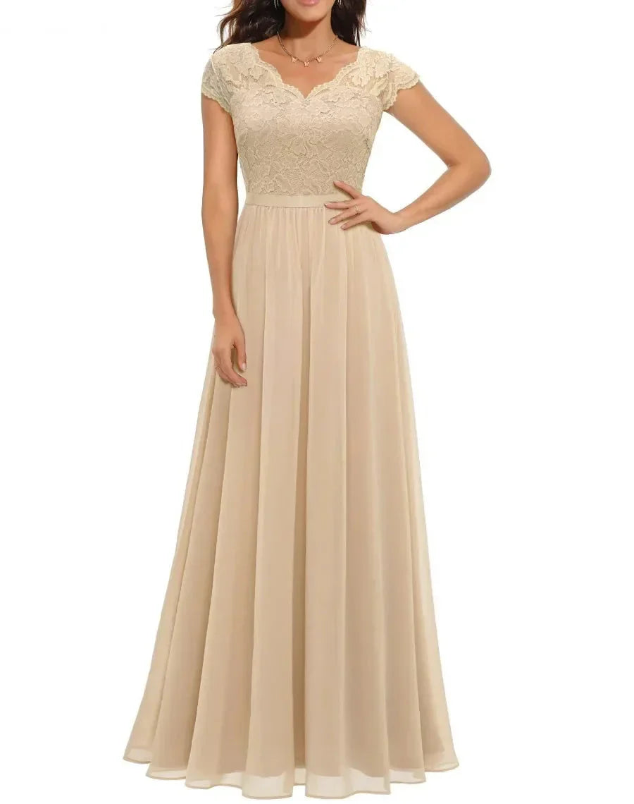 Robe Longue Femme avec Dentelle et Col en V