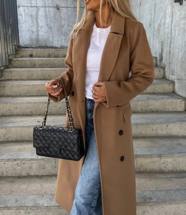 Trench-Coat Long Pour Femme À Double Boutonnage et Ceinture