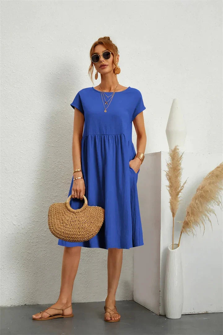 Women's Casual A-Line Midi Dress with Round Neckline