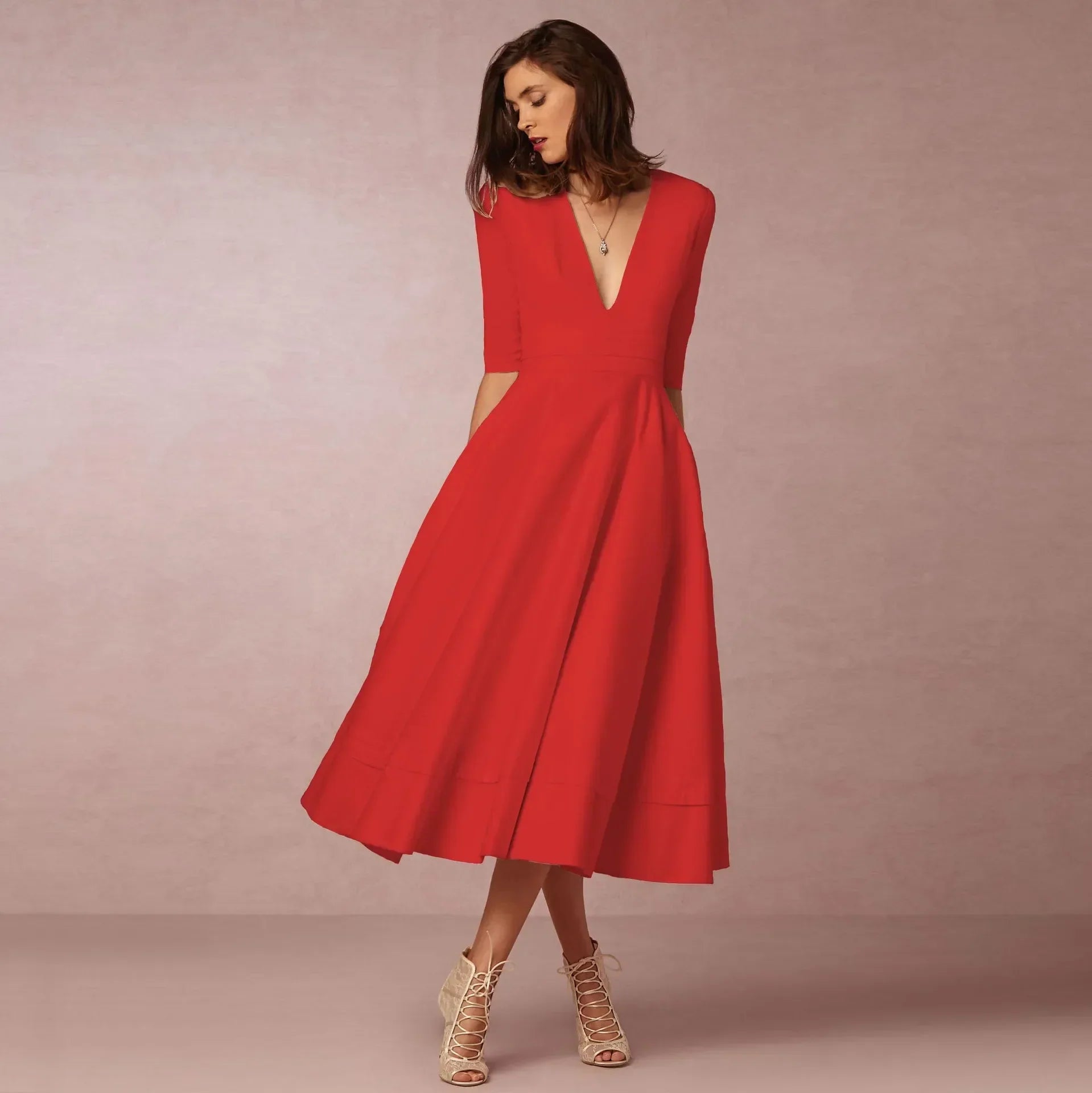 Robe Midi col en V manches coude femme