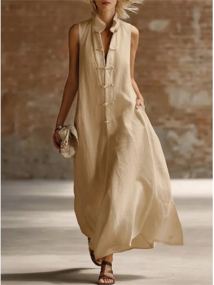Women's Long Sleeveless Dress with Mandarin Collar