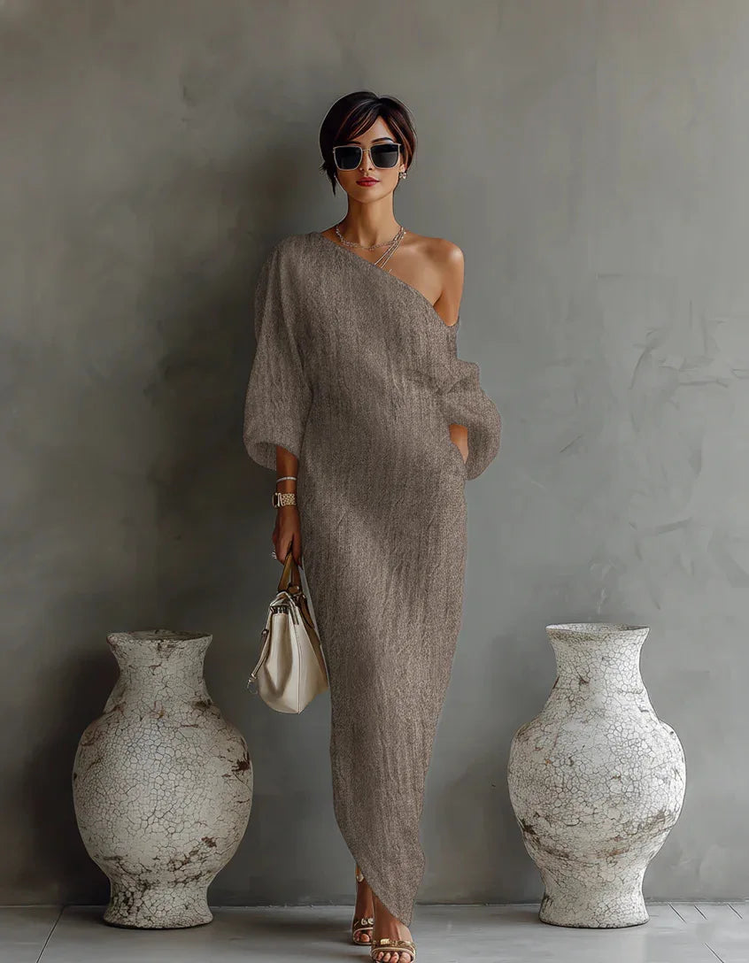 One-Shoulder Maxi Dress with Batwing Sleeves and Pockets