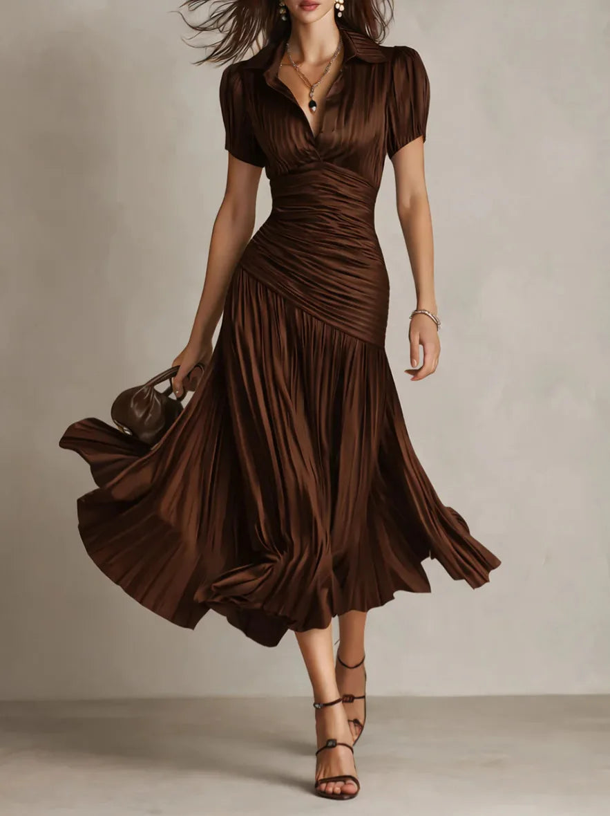 Elegant High-Waisted Pleated Women's Shirt Dress