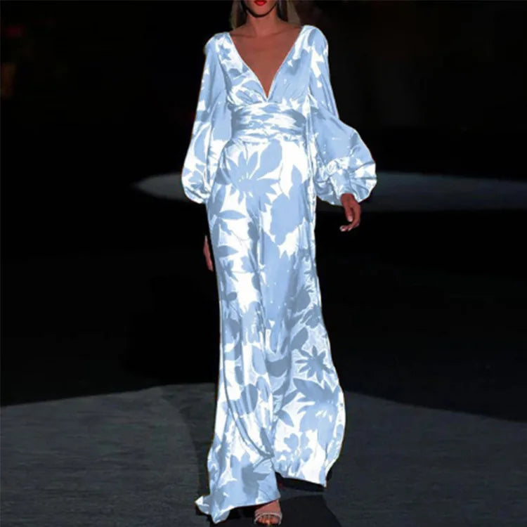 Robe Longue Élégante Col V Manches Longues