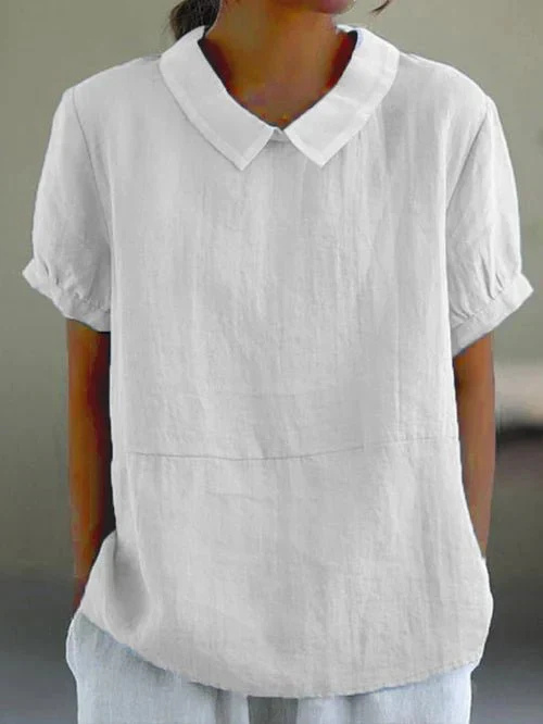 Linen blouse with Peter Pan collar and short sleeves for women