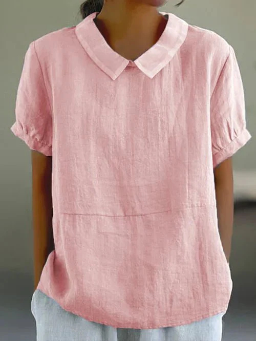Linen blouse with Peter Pan collar and short sleeves for women