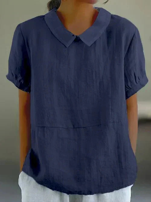 Linen blouse with Peter Pan collar and short sleeves for women