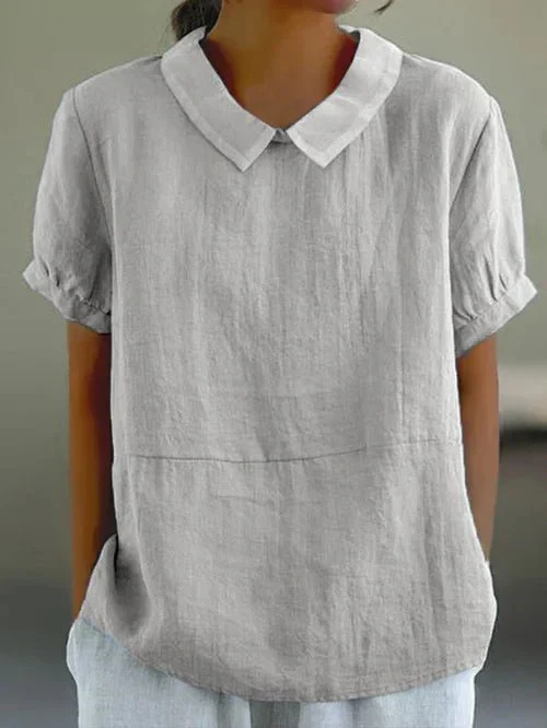 Linen blouse with Peter Pan collar and short sleeves for women
