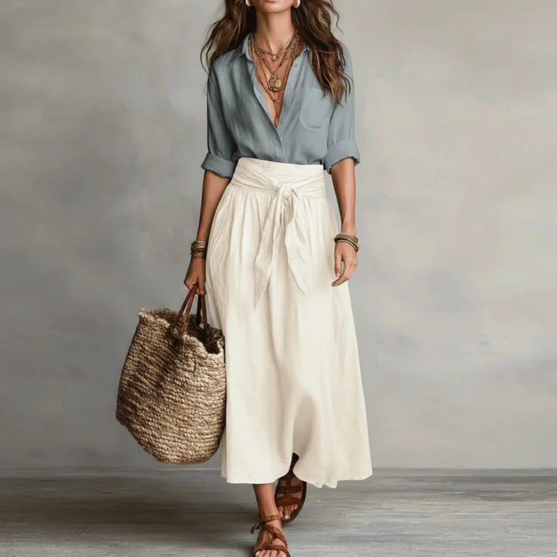 Two-Piece Set with Button-Up Blouse and Midi Skirt