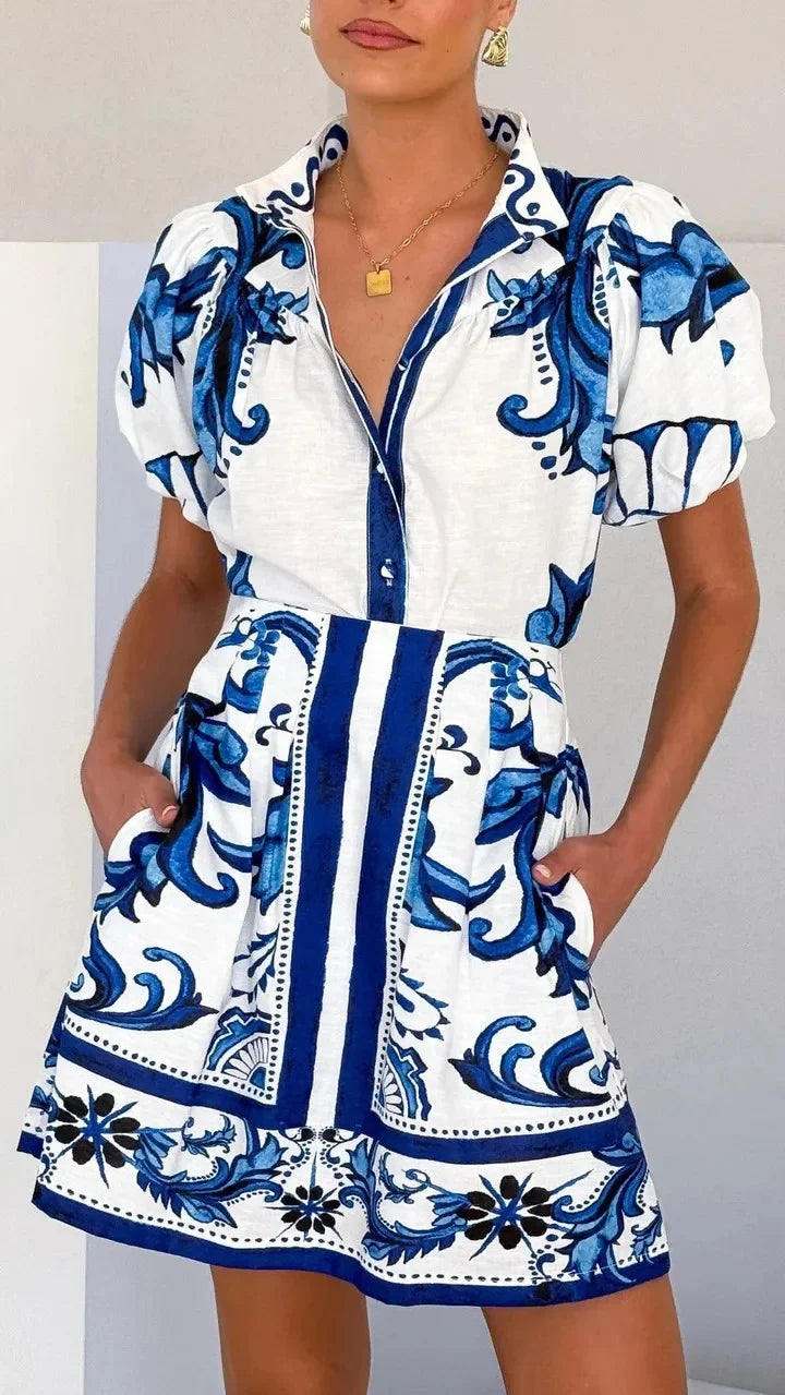 Women's Short Printed Dress with Puff Sleeves and Shirt Collar