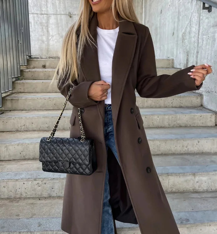 Trench-Coat Long Pour Femme À Double Boutonnage et Ceinture