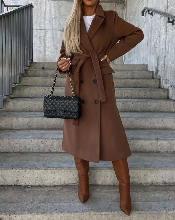 Trench-Coat Long Pour Femme À Double Boutonnage et Ceinture