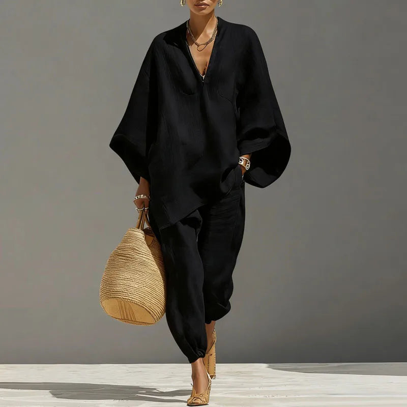 Bohemian Two-Piece Set with V-Neck Top and Loose Pants