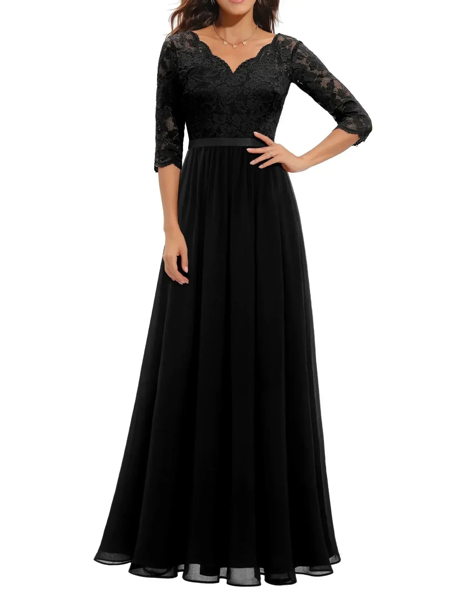 Robe Longue Femme avec Dentelle et Col en V