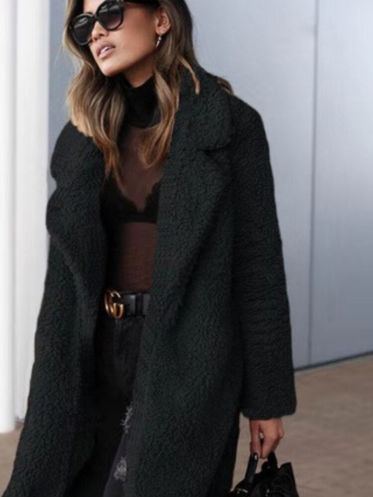 Women's Long Teddy Coat with Lapel Collar