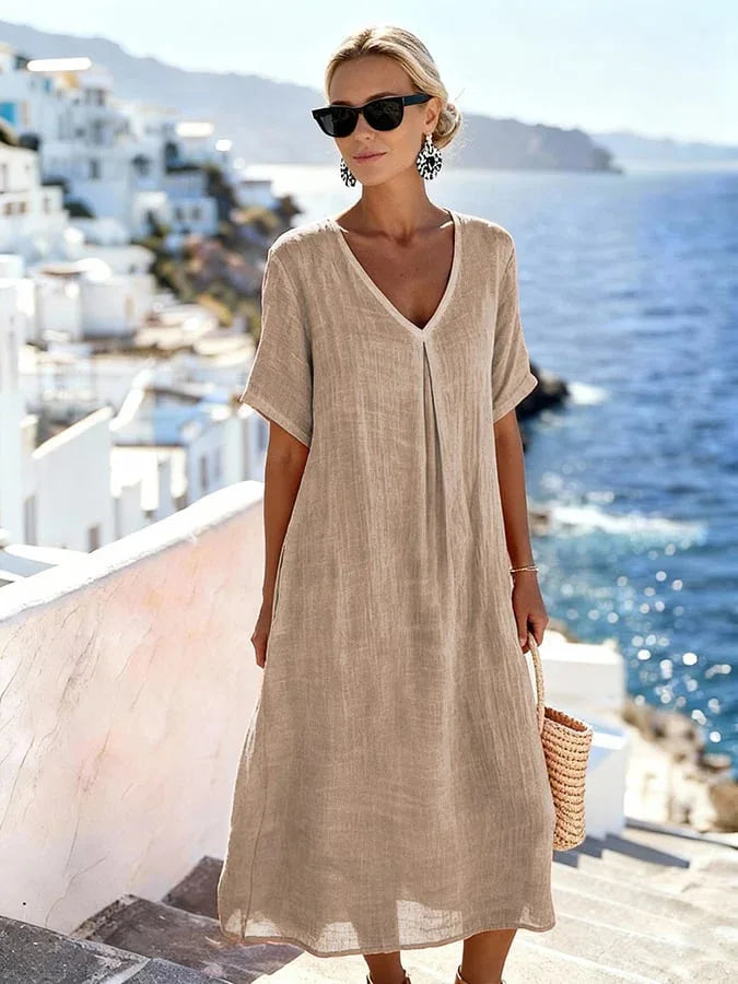 Robe Midi Femme Fluide à Col V avec Coupe Ample
