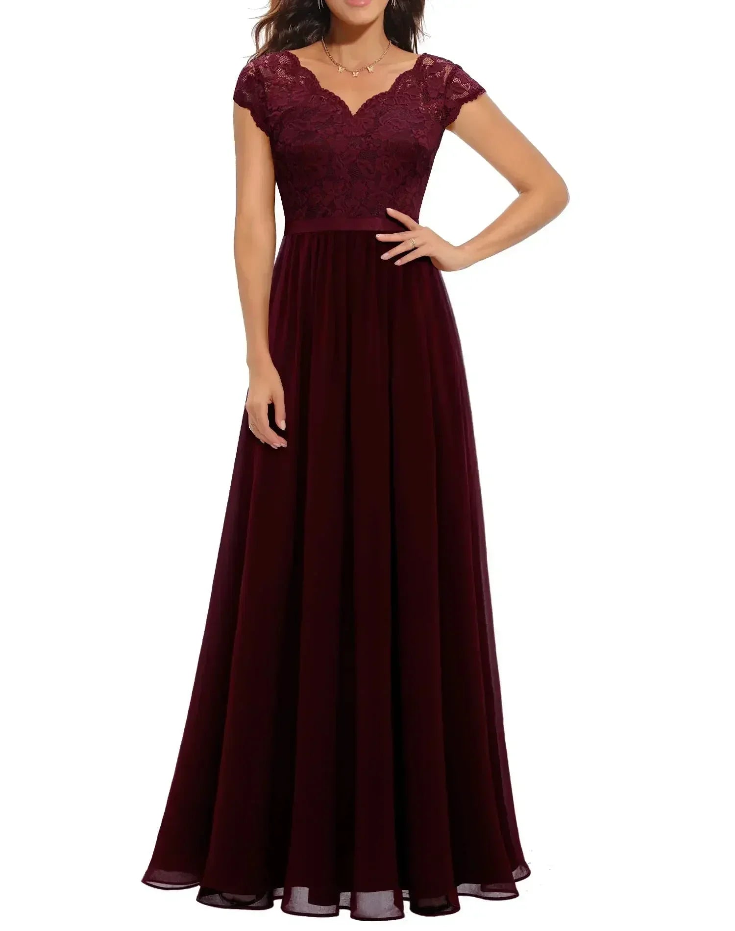 Robe Longue Femme avec Dentelle et Col en V