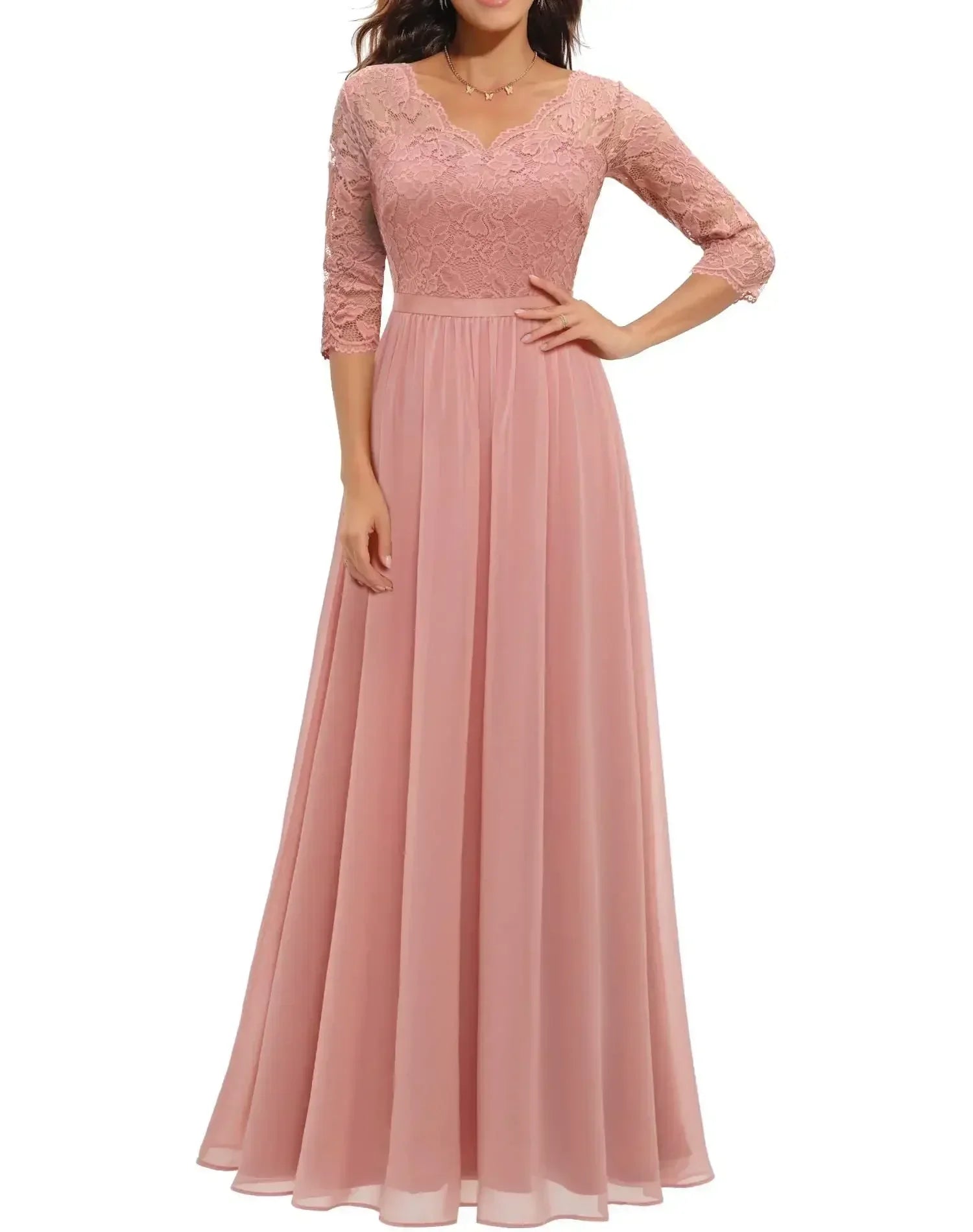 Robe Longue Femme avec Dentelle et Col en V