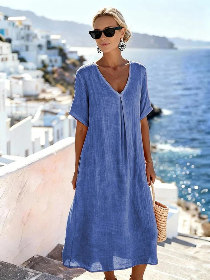 Robe Midi Femme Fluide à Col V avec Coupe Ample