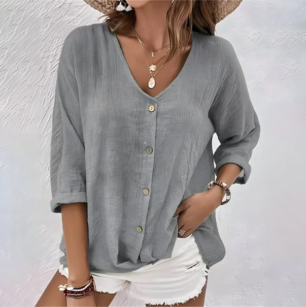 Blouse Femme Col V Boutonnée Style Décontracté